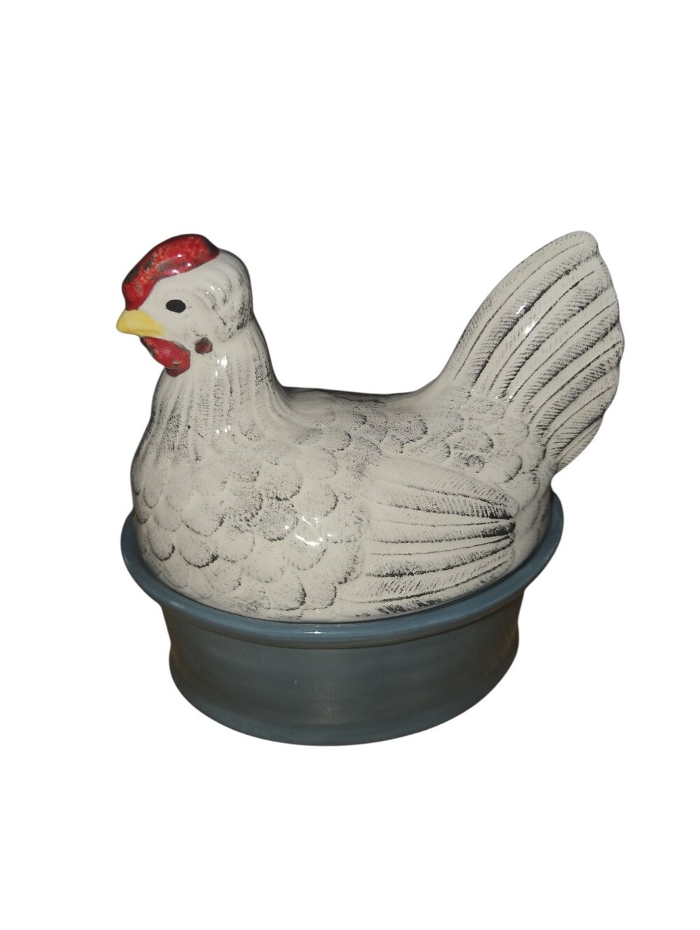 Ceramic White Hen on Blue Base Decorative Serving Dish